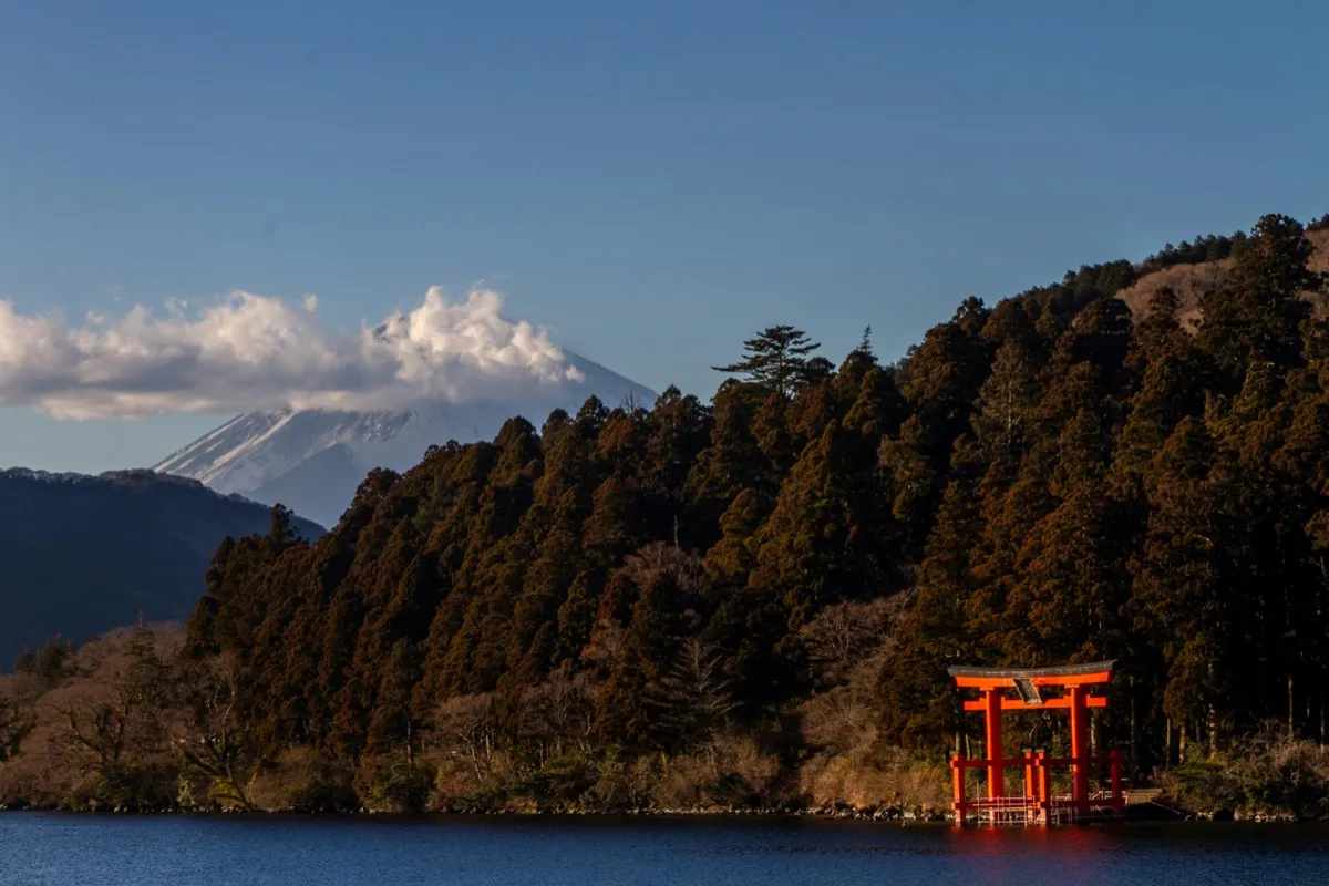 Red torii of the Hakone-jinja shrine on Lake Ashi with Mount Fuji in the background