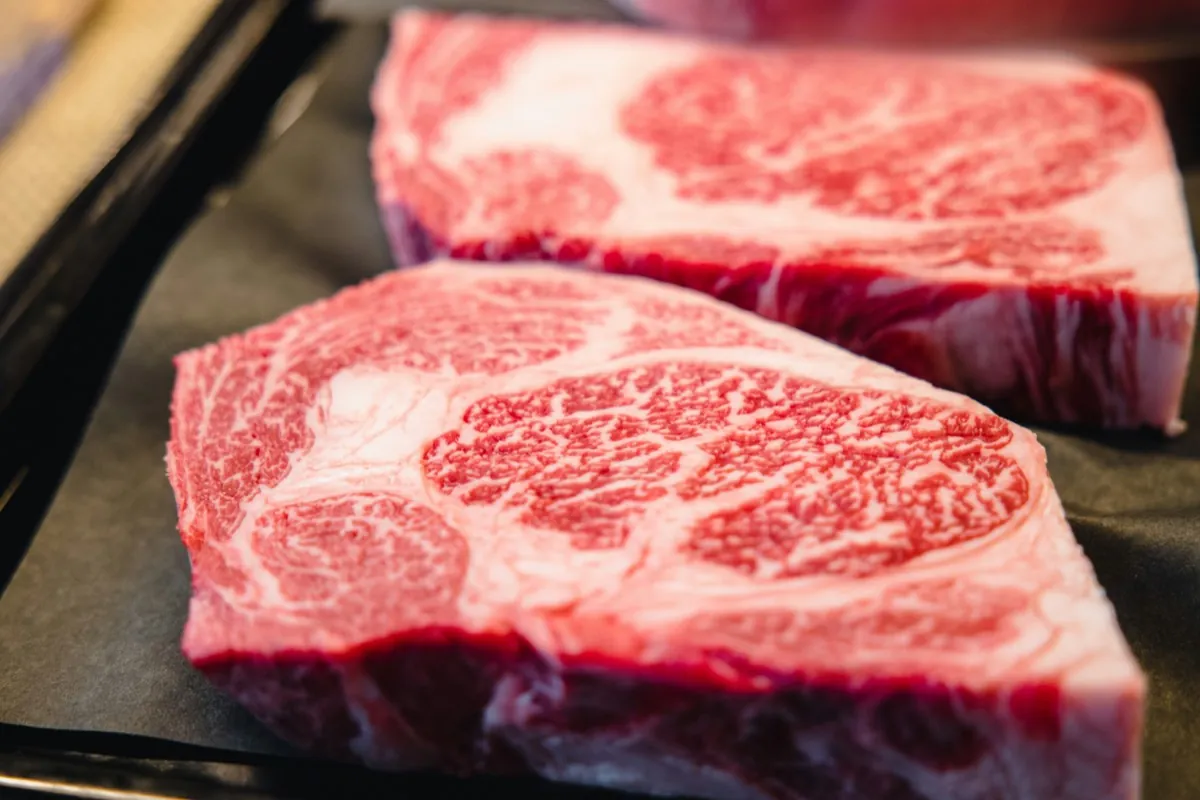 Kobe beef steaks with intense fat marbling (sashi)